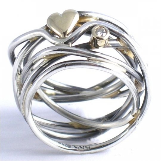 Håndlavet sølv ring med 14 kt guld hjerte, med 0,03 twsi brillanter 